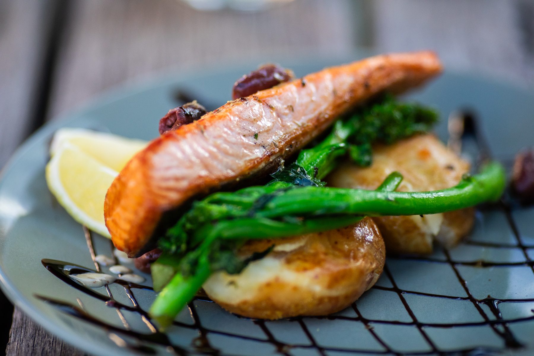 Grilled salmon with broccolini and crushed potatoes